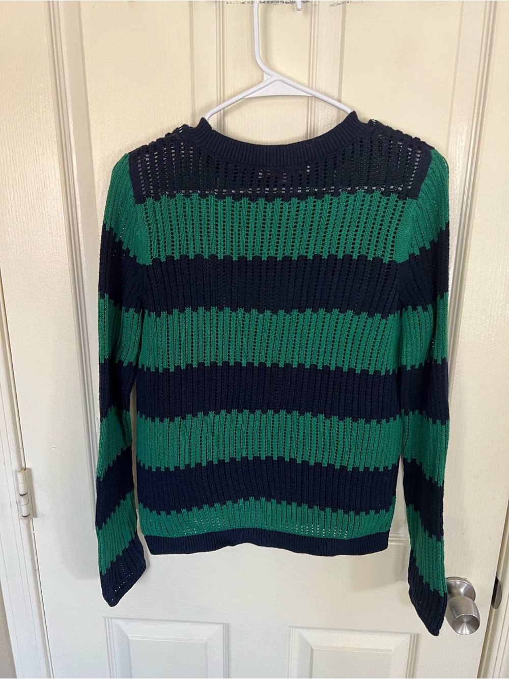 LOFT Green & Navy Striped Open Knit Cotton Sweater Size Medium - Picture 8 of 9